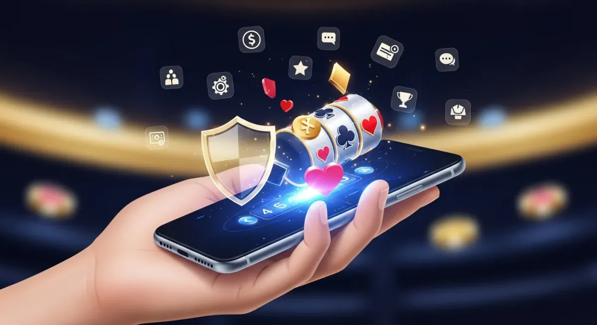 Smartphone displaying a mobile casino game with a security shield and app icons